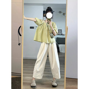 套装 方领泡泡袖 网红2025爆款 女夏新款 一整套 衬衫 搭配高腰直筒长裤