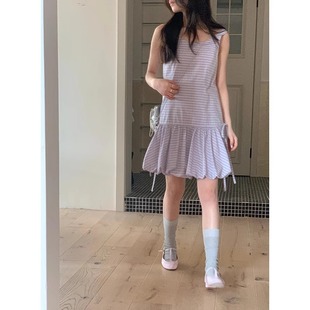 度假设计感甜美撞色花苞抽绳短裙 韩系俏皮背心格子连衣裙女夏新款