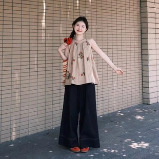 女 夏装 搭配一整套法式 复古吊带挂脖上衣搭配阔腿九分裤 子两件套装