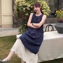 假两件蕾丝拼接背心连衣裙女夏新款法式设计感无袖坎肩长裙小个子
