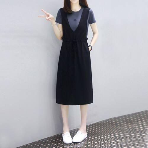 欧洲站2026夏装新款中长宽松显瘦假两件套背带裙子休闲连衣裙女