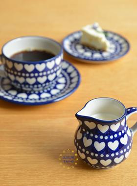 波兰制造传统手工彩绘陶瓷马克杯咖啡杯碗碟意面盆餐具蓝色爱心