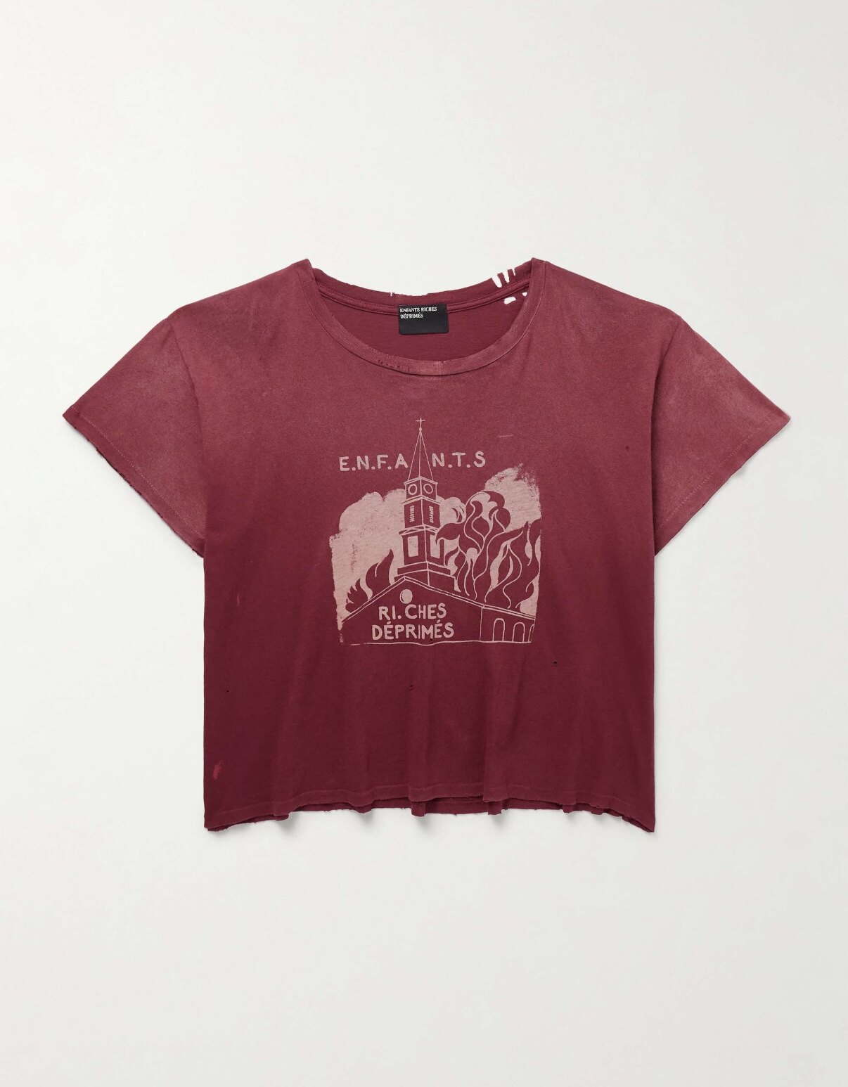 thumbnail for erd25ss melancholic rich second-generation 'Burning Church' boxy large neckline ruined washed print crew neck T-shirt