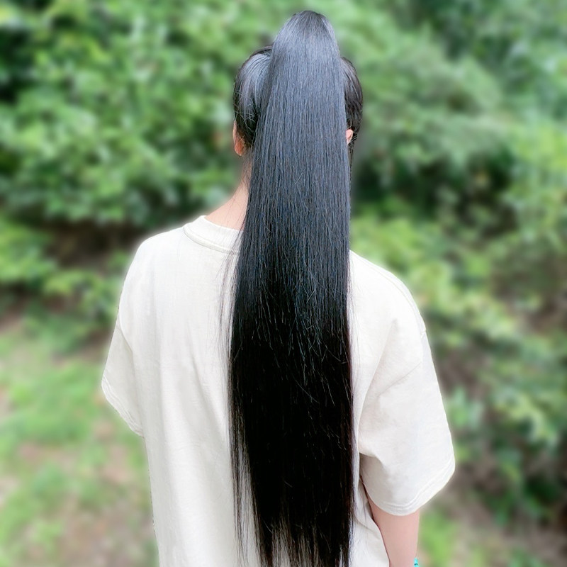 真发马尾假发女全真人发中长发抓夹高马尾辫子绑带自然可染烫马尾