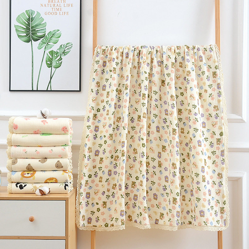 纯棉花边浴巾婴儿四层绉布盖毯柔软童被儿童新生儿纱布午睡盖毯