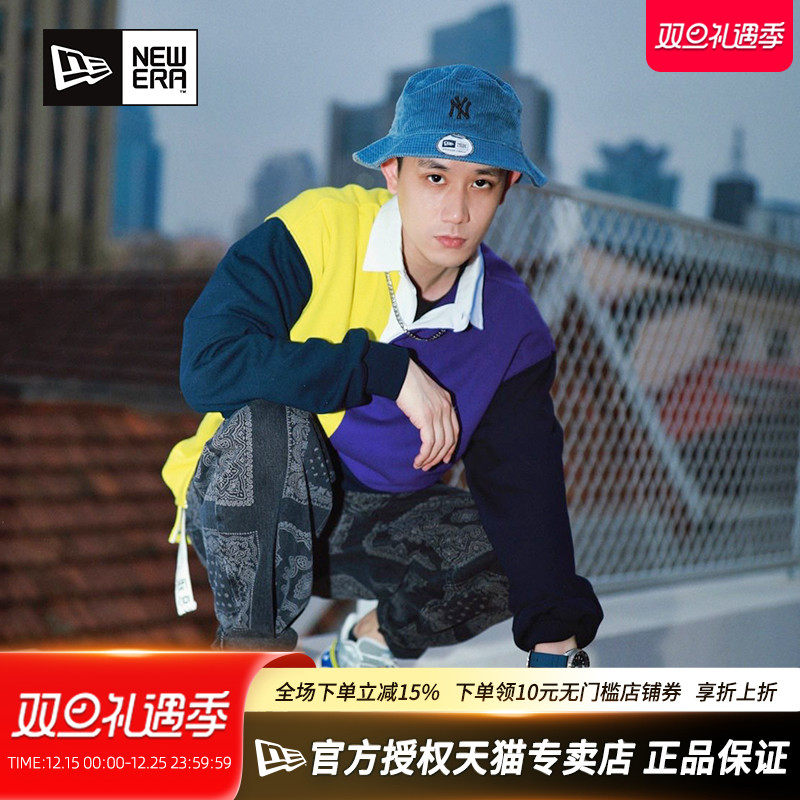 New Era纽亦华MLB男女款情侣灯芯绒宽檐遮阳休闲NY潮渔夫帽盆帽