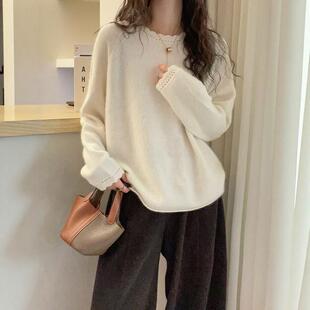 慵懒风花边圆领秋冬季女白色毛衣宽松显瘦百搭针织衫时尚打底上衣
