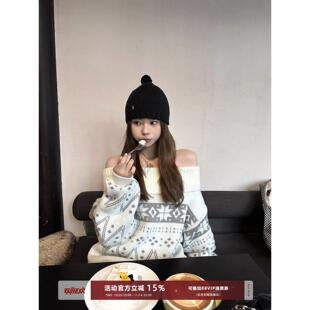 ANNESHOP 覆古提花毛衣女2025秋冬季一字肩设计感宽松显瘦上衣