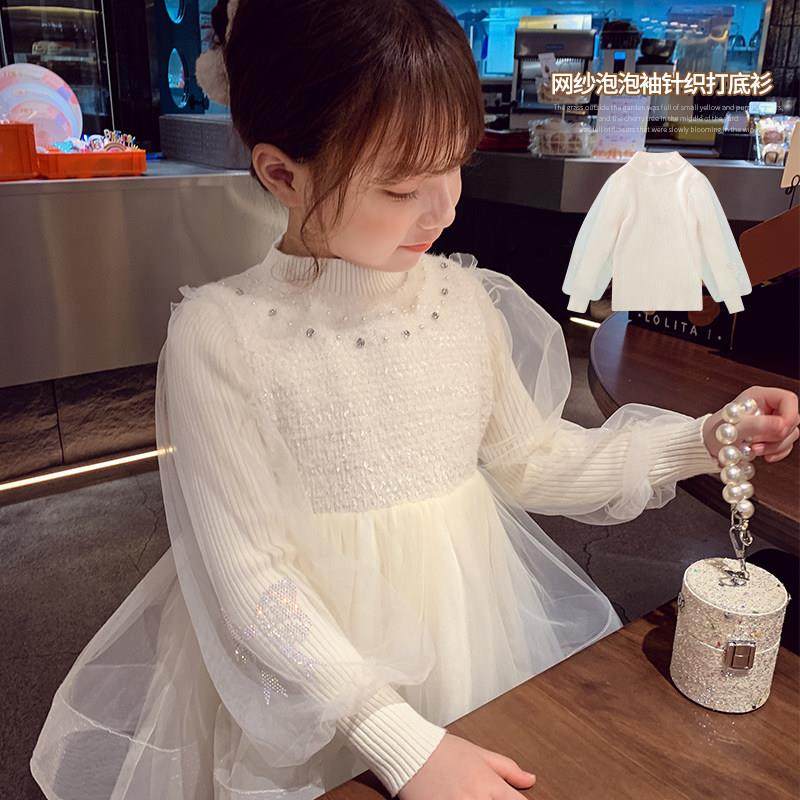 女童泡泡袖打底衫冬装2025新款洋气儿童韩版高领毛衣小女孩针织衫