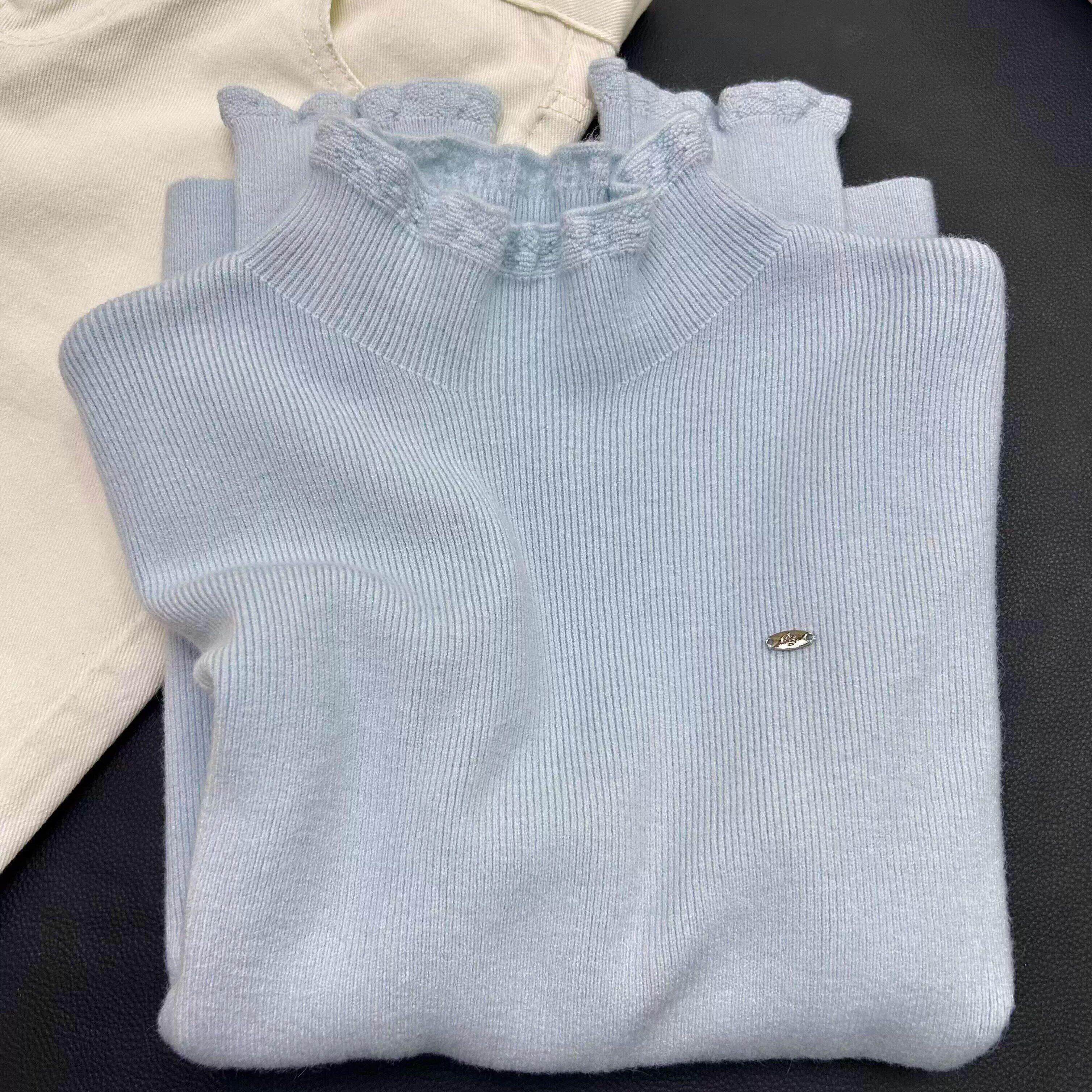 韩系绝美蕾丝半高领内搭毛衣女秋冬蓝色温柔木耳边针织打底衫上衣