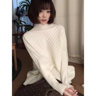 藤原海！日系秋冬新款高领斜条针织衫女宽松显瘦百搭毛衣上衣