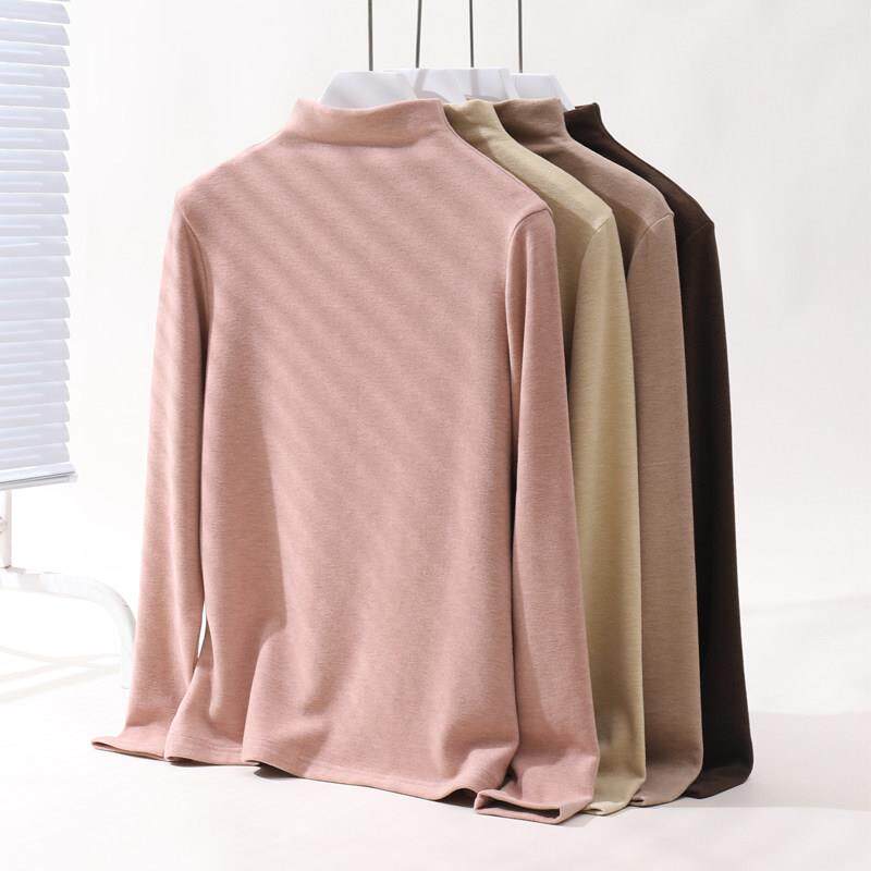 德绒蚕丝羊毛半高领打底衫女秋冬大码胖mm加绒厚保暖发热内搭上衣