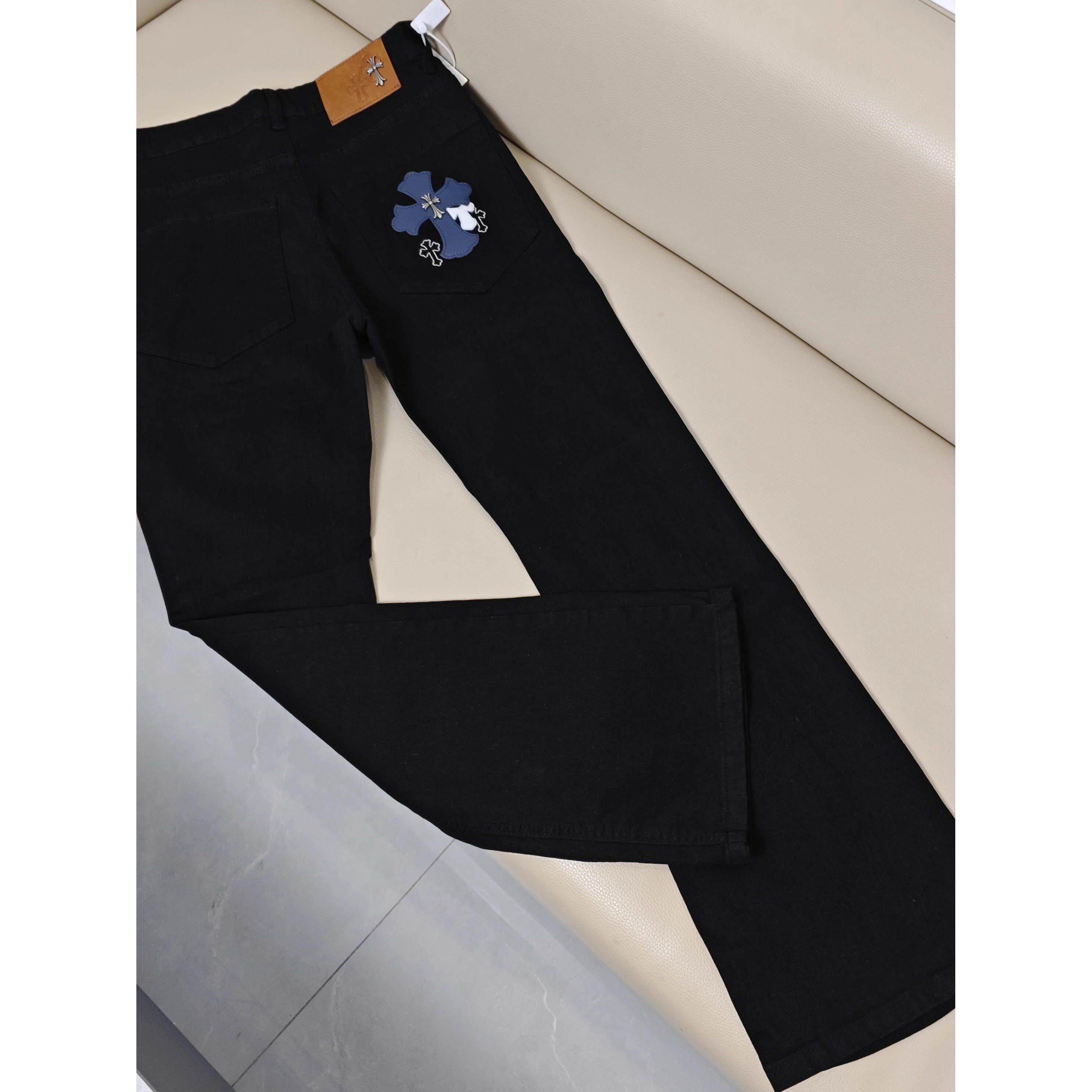 新款潮牌口袋十字架贴皮微喇牛仔裤轻奢时尚高级男女修身显瘦长裤