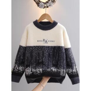 男童冬季毛衣2025秋冬新款水貂绒洋气加绒加厚中大童打底衫上衣