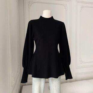 大码女装黑色半高领灯笼袖针织衫毛衣秋冬新款胖mm内搭打底衫上衣