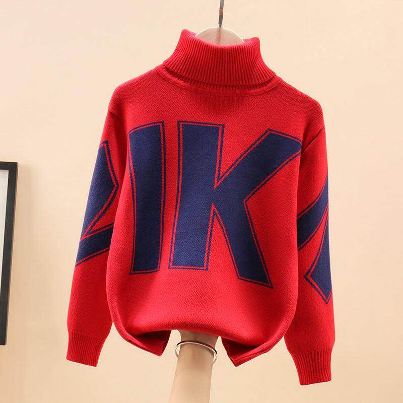 男童毛衣高领加绒加厚红色秋冬款男孩中大童纯棉针织衫儿童打底衫