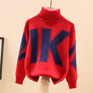男童毛衣高领加绒加厚红色秋冬款男孩中大童纯棉针织衫儿童打底衫