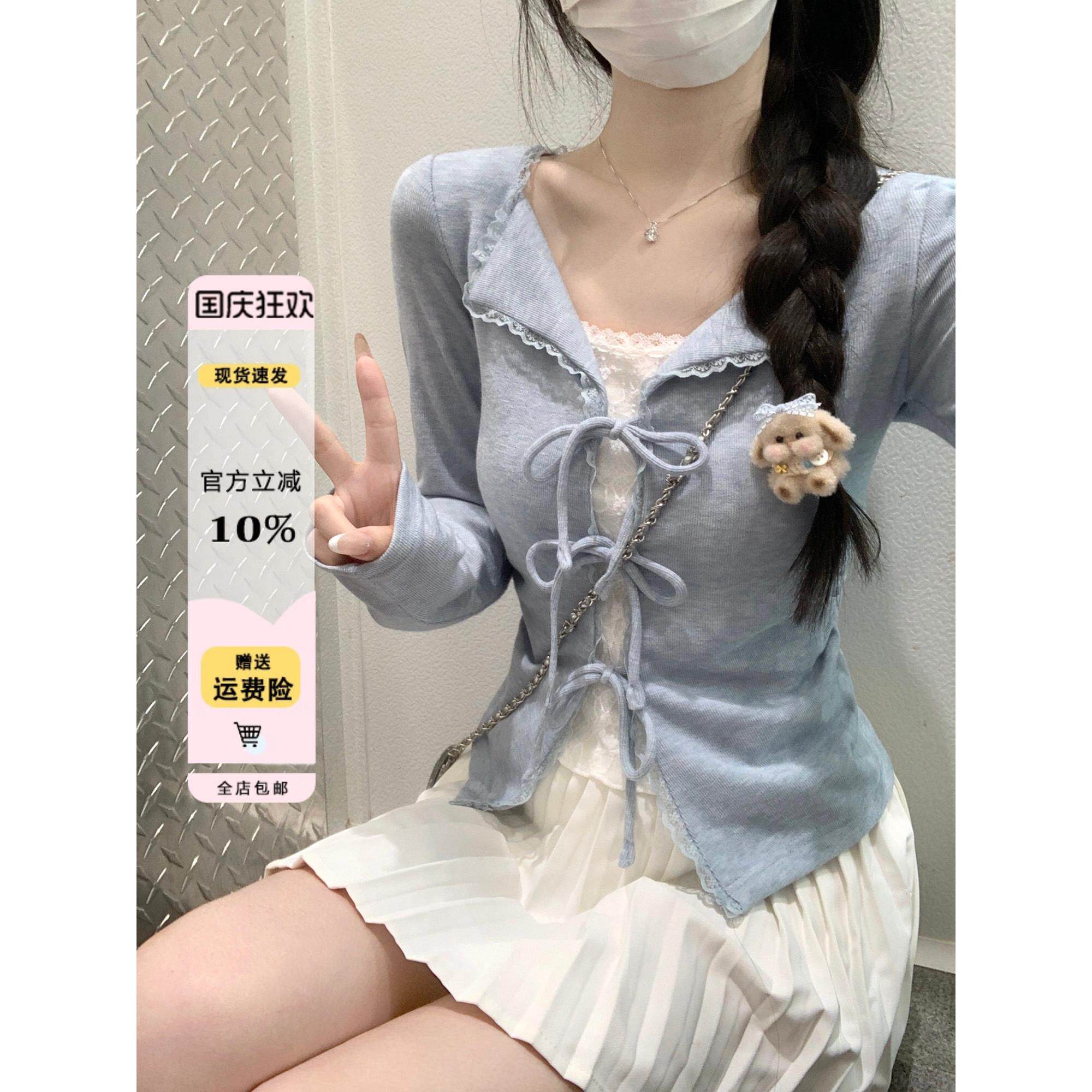 纯欲bm风蓝色假两件蝴蝶结长袖T恤女秋冬蕾丝拼接修身打底衫上衣