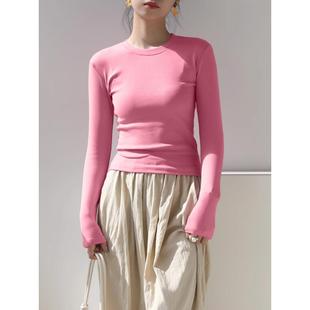 纯棉长袖t恤女韩版圆领打底衫修身百搭粉色喜气内搭秋冬上衣小衫