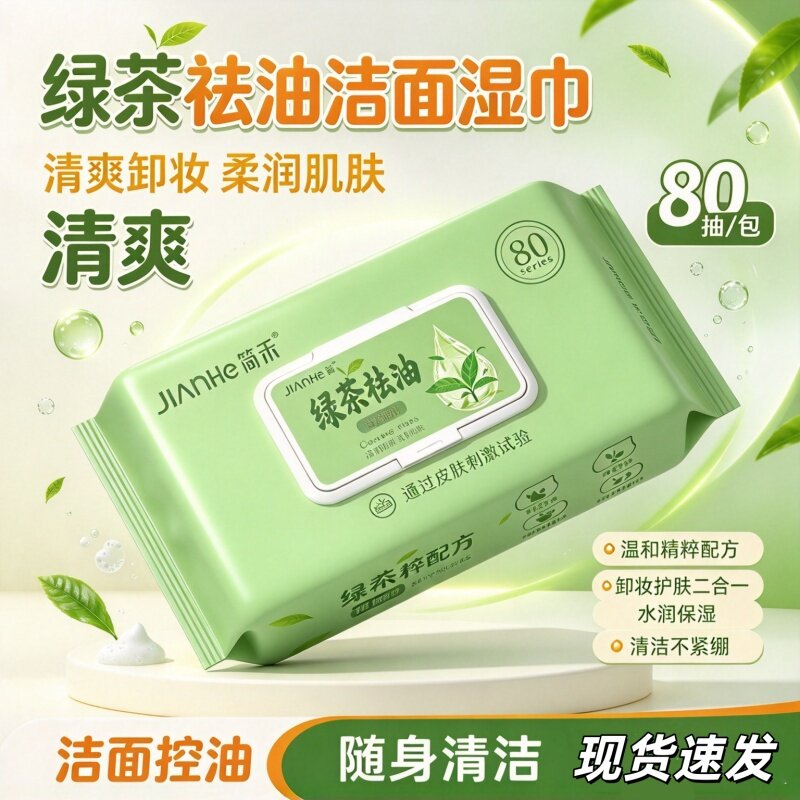 [油皮控油卸妆]简禾绿茶祛油湿巾80抽大包温和洁面二合一不伤肤款