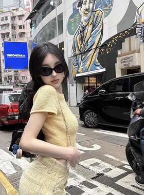 woppei【黄油日光】圆领修身副线鹅黄色30仿羊毛针织短袖女