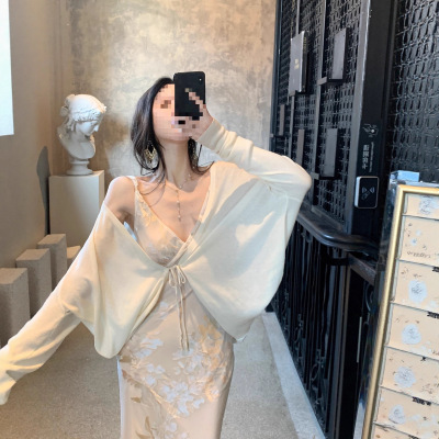 MOSS STUDIO 【春山茶】针织系带开衫披肩防晒罩衫薄短外套女