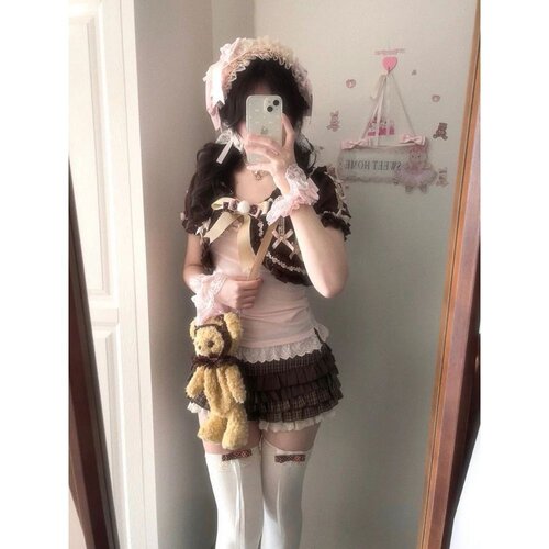 现货甜颂可可巧克力doll蕾丝花边外搭+格纹蛋糕裙+粉色吊带三件套