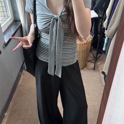 40支纯棉韩系条纹拼接绑带蝴蝶结v领短袖T恤女夏季假两件正肩上衣