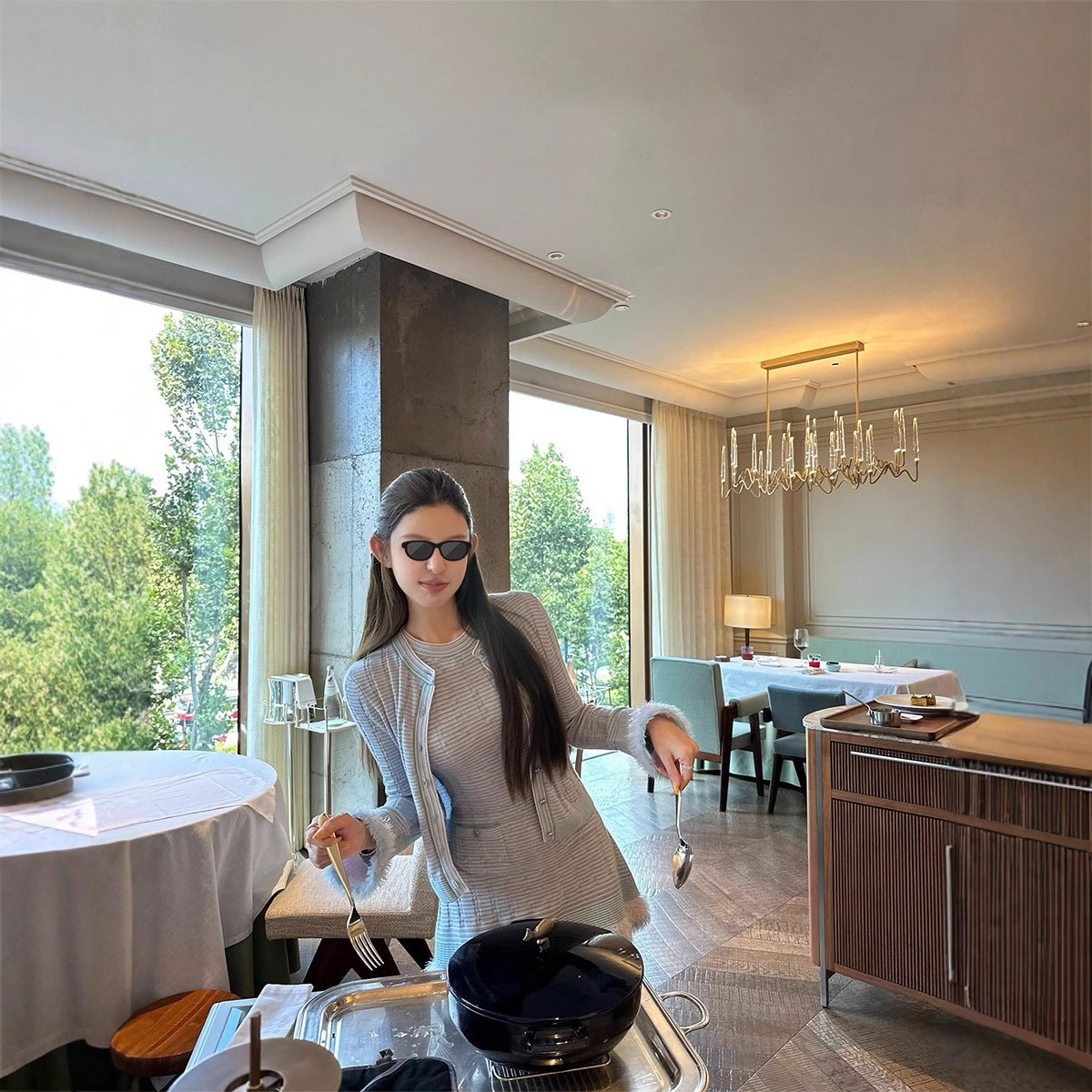 早安樊樊「Jennie蓝花楹」温柔毛感拼接针织连衣裙+开衫外套女秋