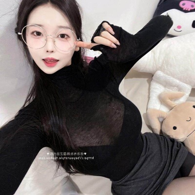 现货 东大门 MG321人手N件 性感显身材黑色微透高领打底衫