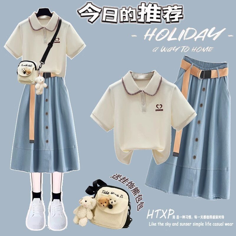 韩系少女半身裙2025新款初中生减龄Polo领短袖套装裙子学院风高中图片