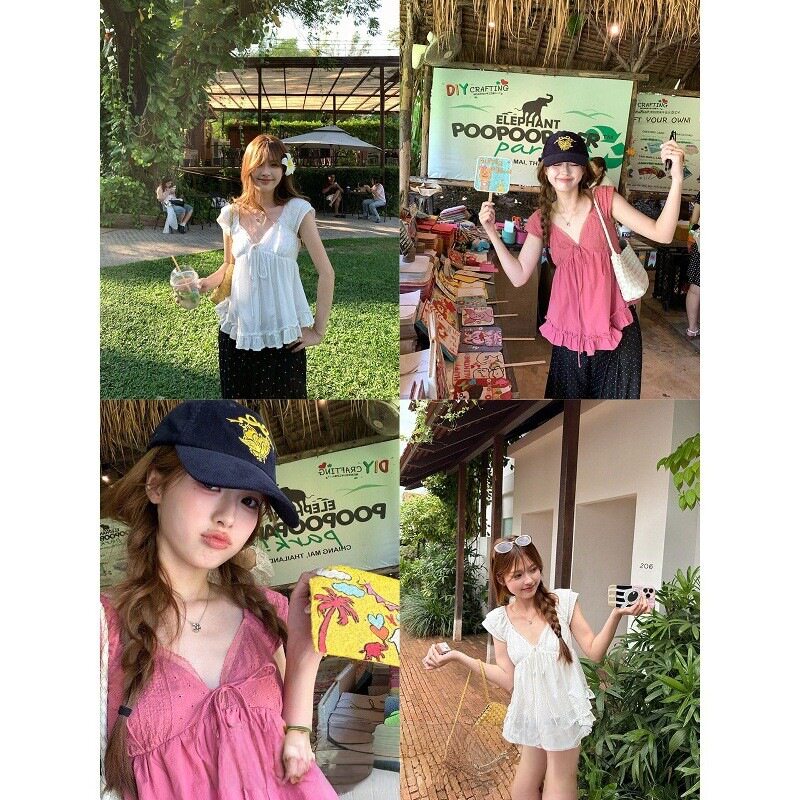 im向 法式甜酱~V领蕾丝拼接木耳边上衣女提花打揽小飞袖娃娃衫