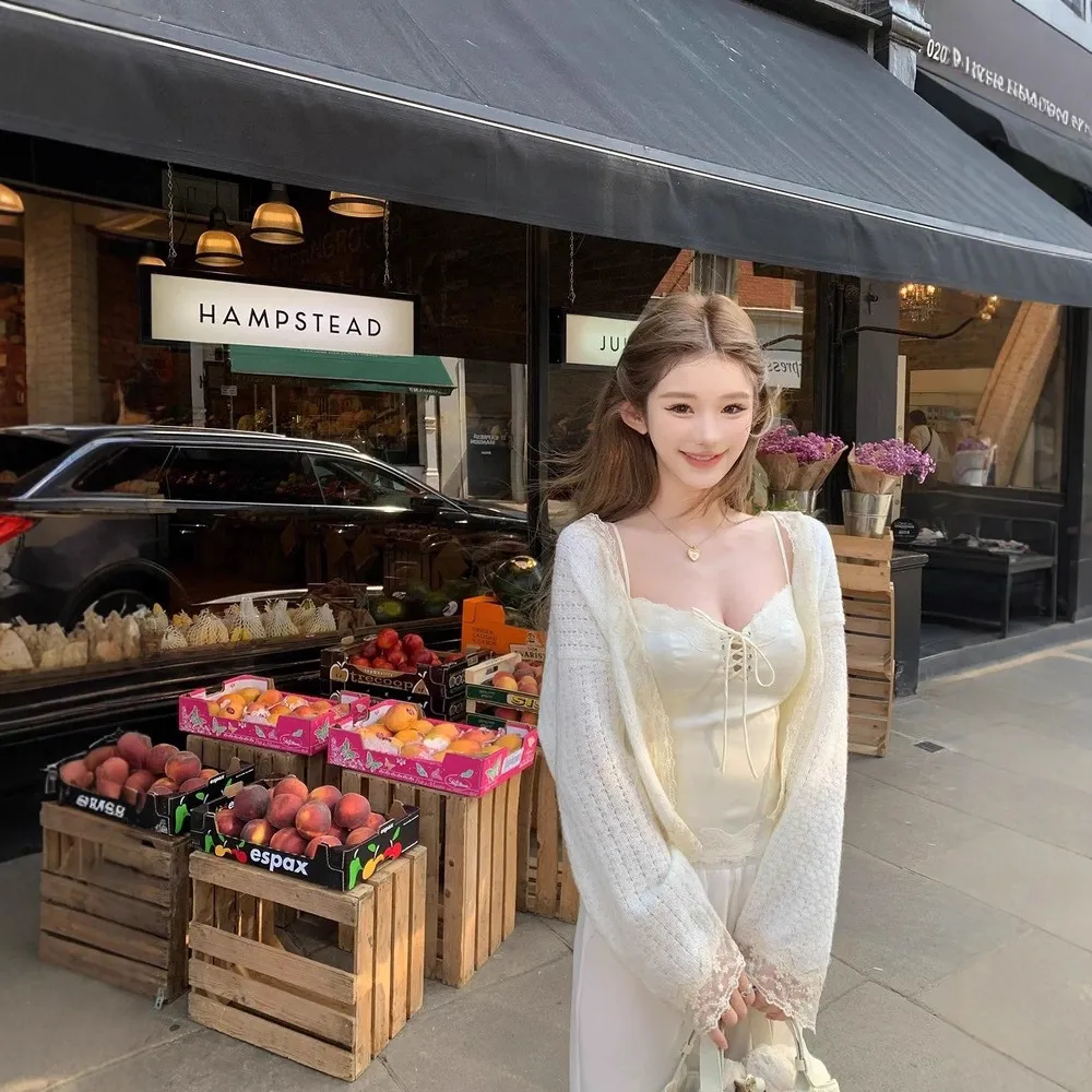 JMSHOP 苏黎艺术生 中古蕾丝绑带吊带缎面背心/针织拼接无袖上衣