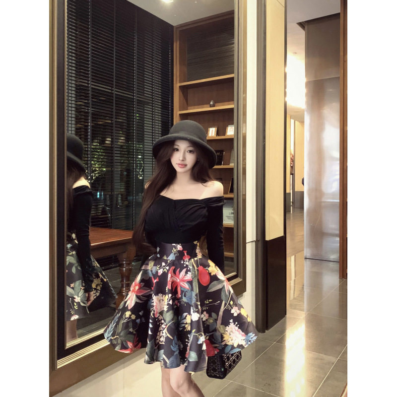 御姐显瘦气质设计长袖上衣+修身百搭印花设计感半裙套装女