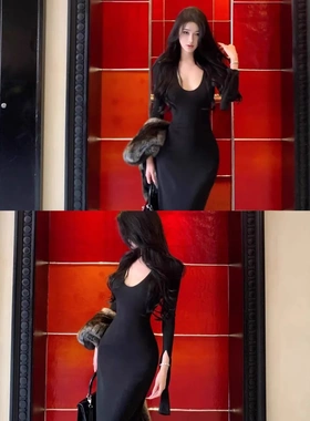 JAYKY YANG曲线雕塑师深U领长袖打底连衣裙露背收腰针织长裙