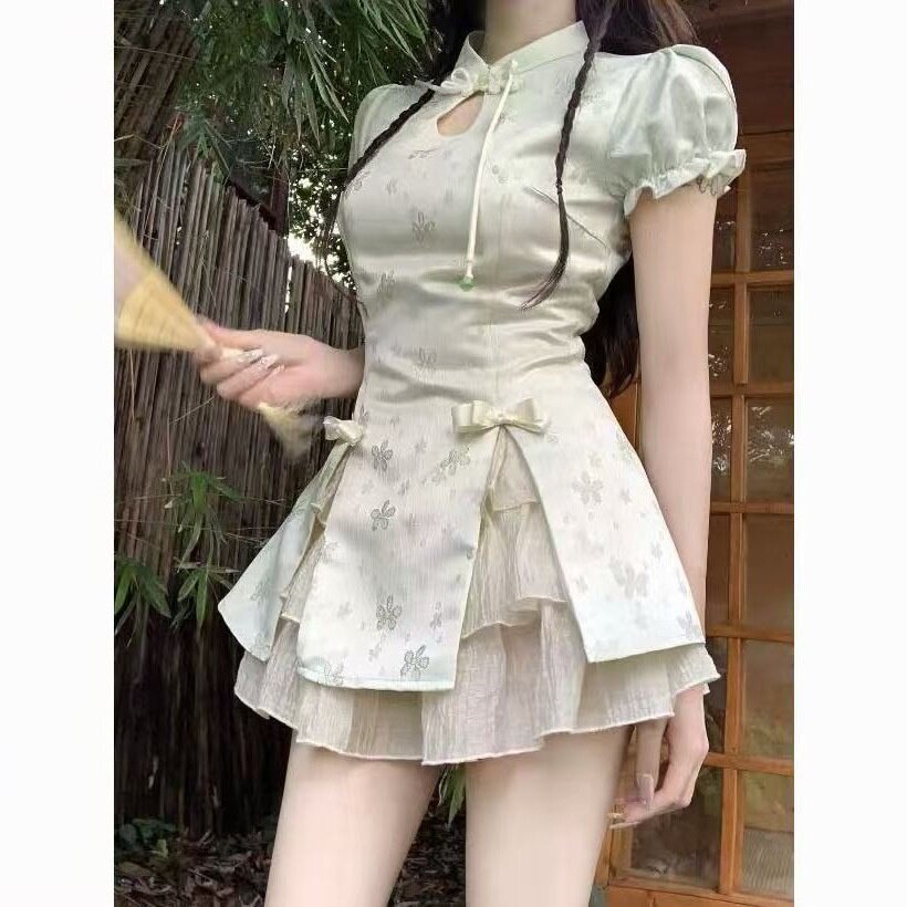 新中式复古小个子国风设计改良旗袍连衣裙盘扣泡泡袖半身裙两件套