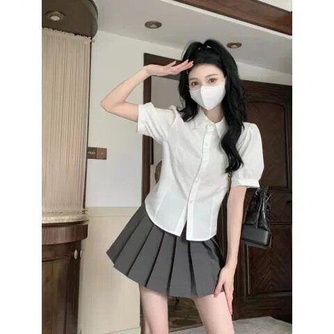 jk制服夏季收腰衬衫小众收腰绑带白色衬衣学生学院风上衣polo女装