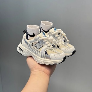 官网N字儿童运动鞋2025春季新款白色女童老爹鞋真皮男童鞋子韩国