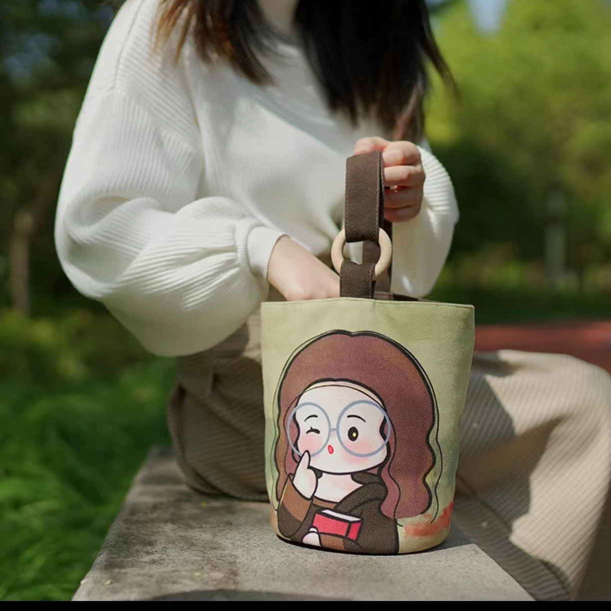 零食包手提上班族便携手提袋帆布水桶包可爱水桶型手拎便当包宝妈