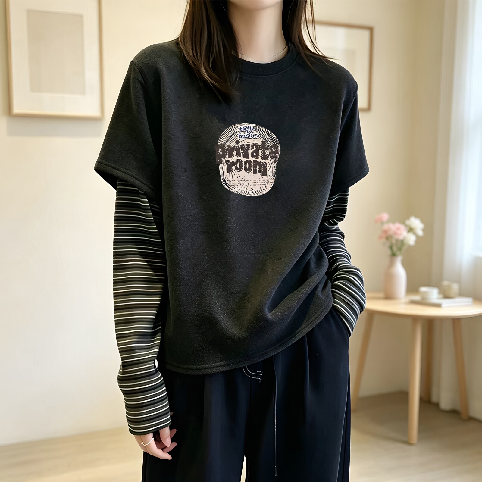 秋冬新款韩版假两件德绒条纹长袖T恤女宽松百搭上衣保暖打底衫女