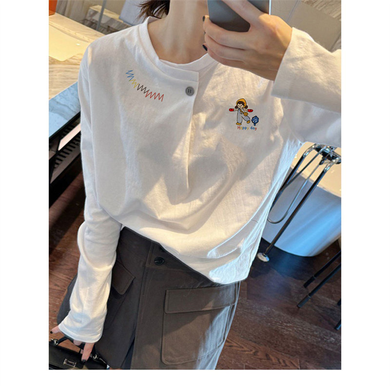 白色纯色长袖卡通印花T恤女打底图片