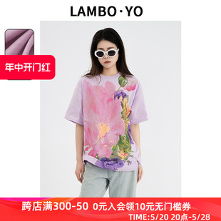 LAMBOYO夏季 宽松百搭显瘦落肩T恤女 艺术油画印花短袖 2024新款