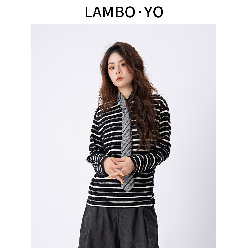 LAMBOYO经典复古条纹长袖T恤
