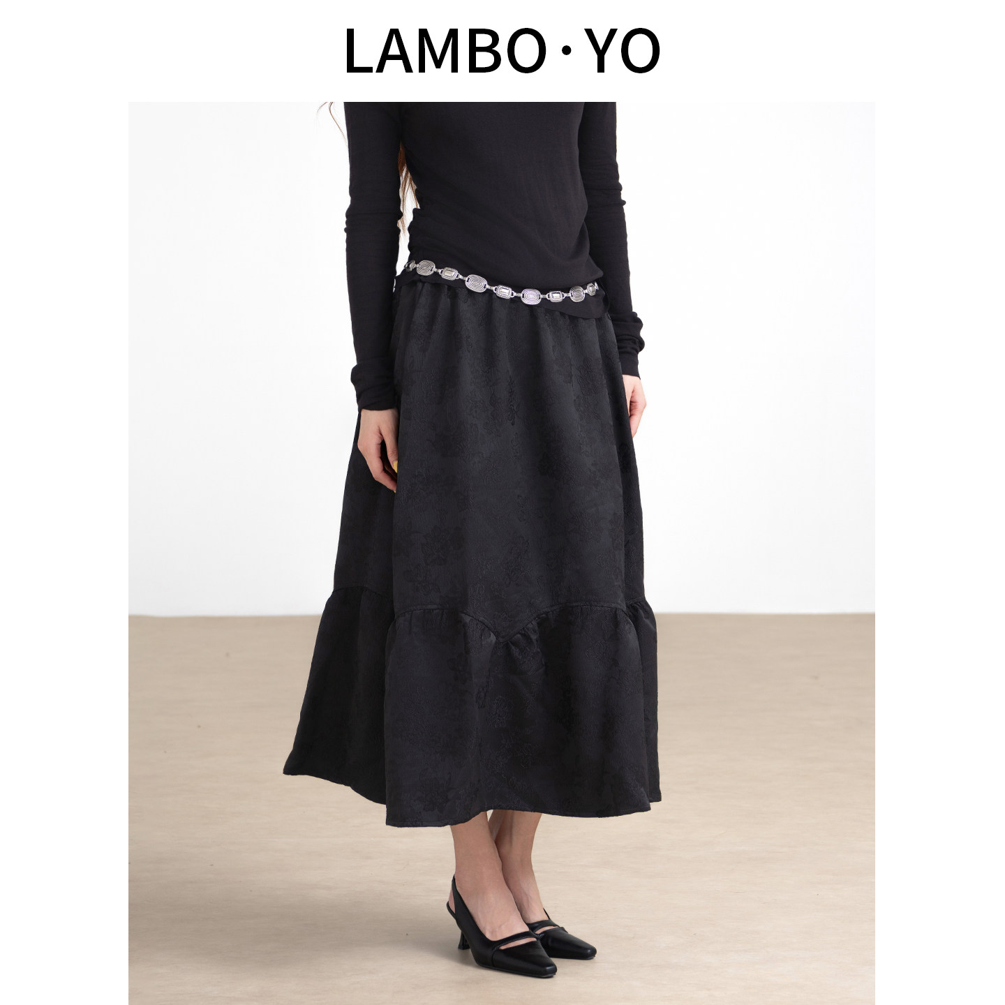 LAMBOYO2025秋季新款松紧腰立体提花半身裙高腰气质荷叶边裙女,女装/女士精品,半身裙,淘宝优惠券,粉丝福利购,淘宝优惠卷