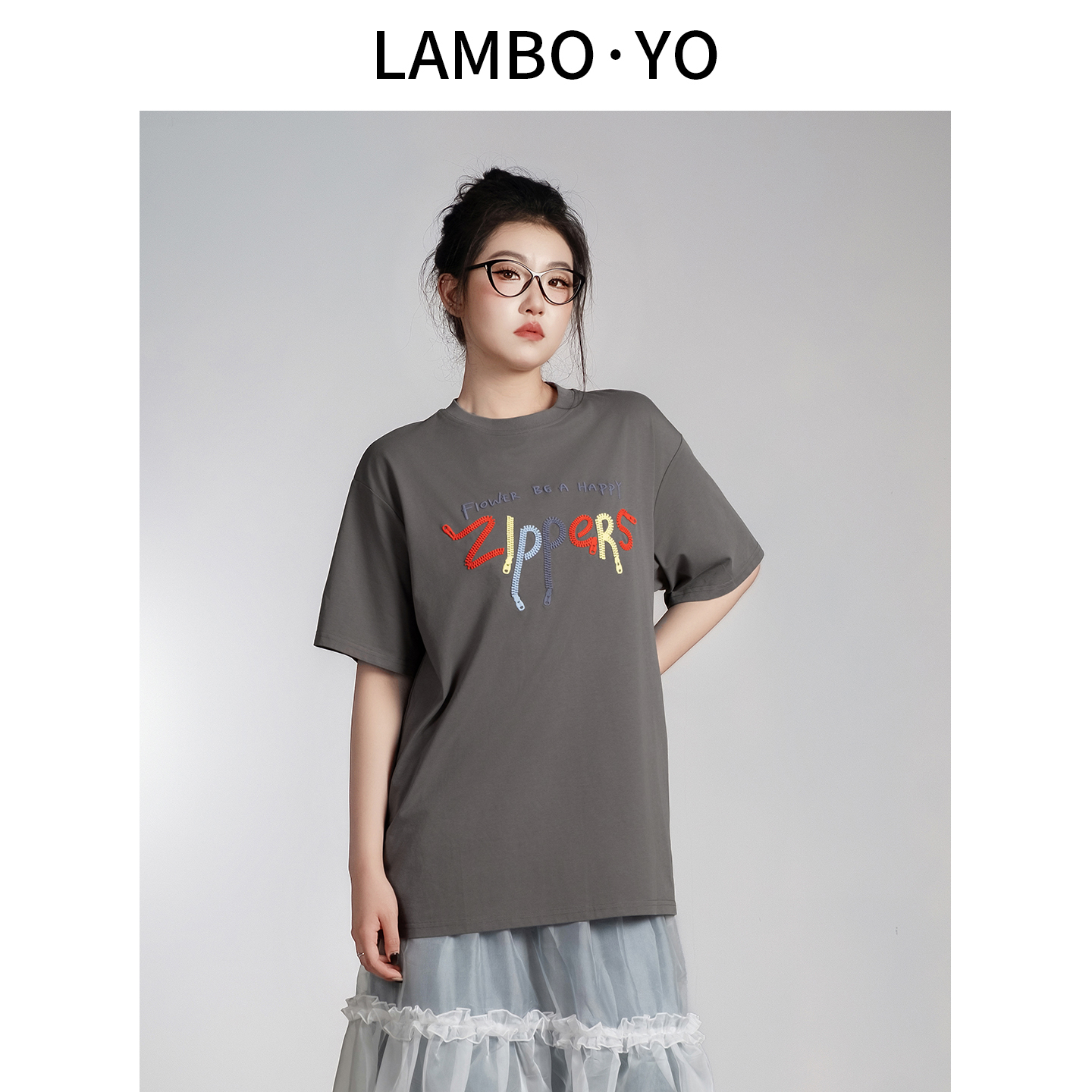 LAMBOYO撞色立体刺绣高级T恤