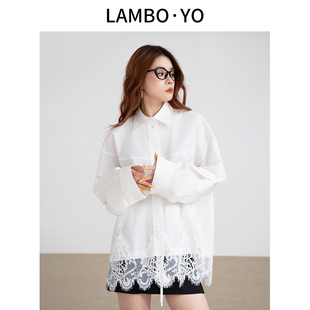LAMBOYO2025年秋季新款蕾丝拼接精致衬衫优雅经典层次感白衬衣女