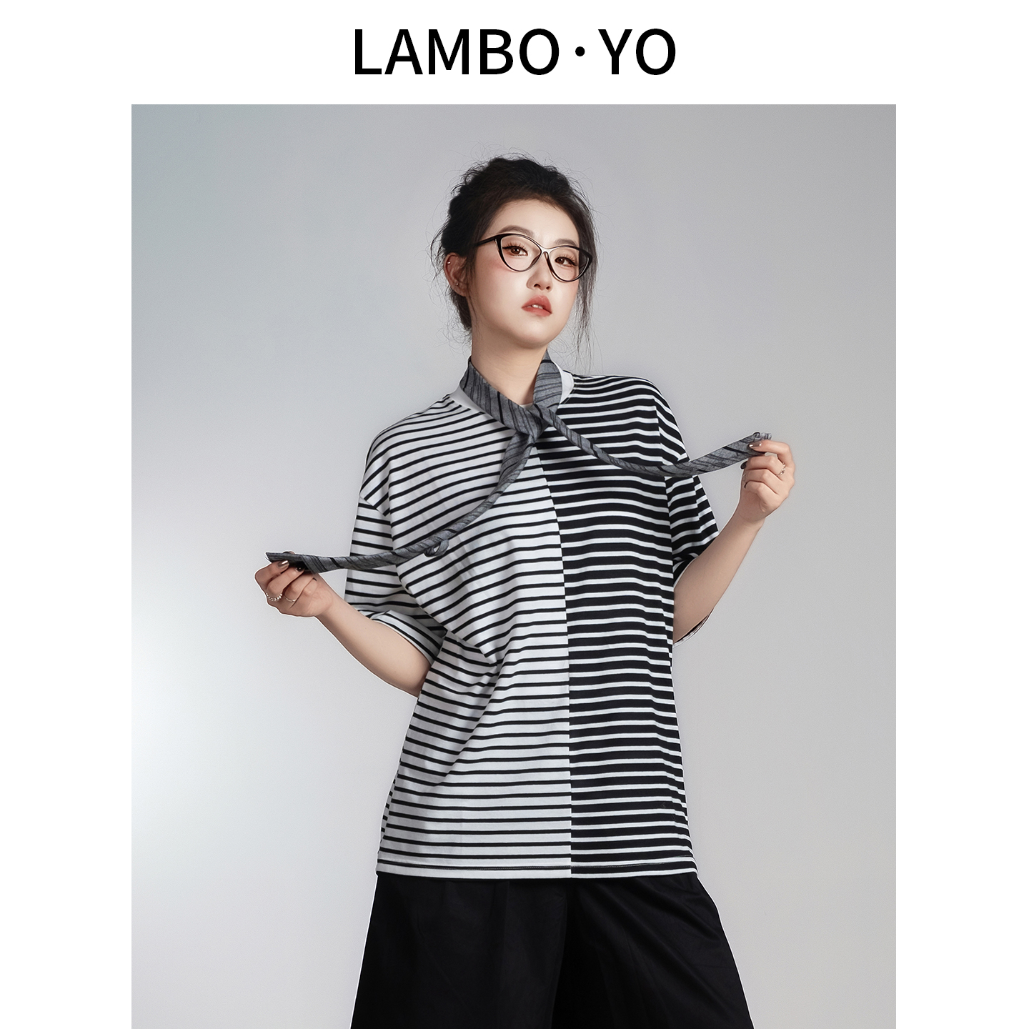 LAMBOYO2025拼色条纹休闲短袖