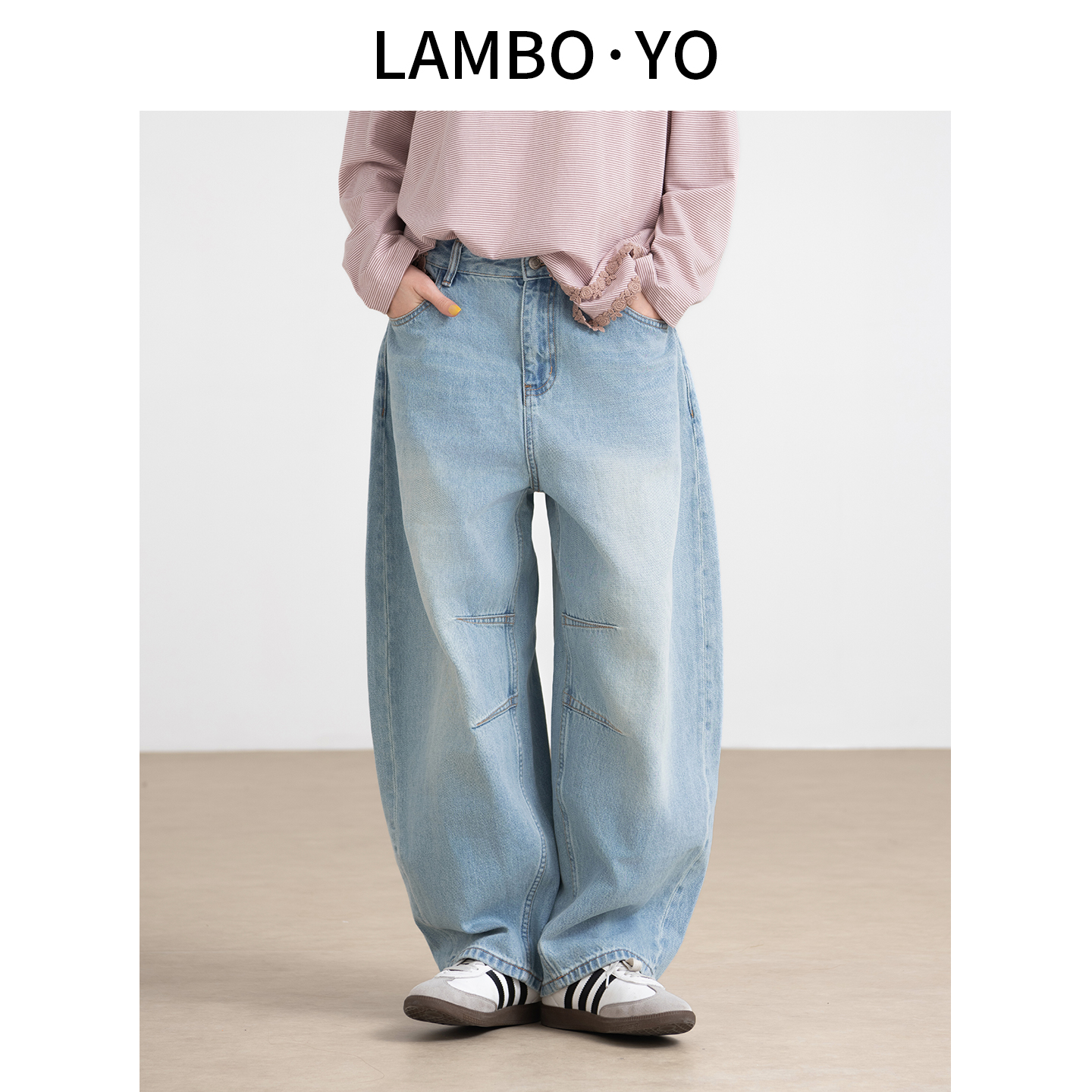LAMBOYO复古时髦弯刀水洗牛仔裤