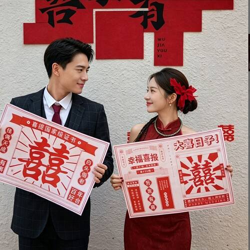 中式物件喜字报纸领证拍照道具结婚登记喜报神器工具新娘伴娘晨袍