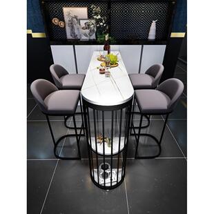 北欧轻奢铁艺岩板吧台桌家用奶茶店置物创意高脚桌椅组合靠墙家用